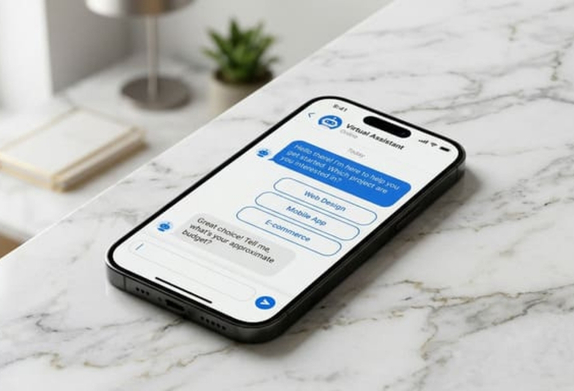 Foto em close de smartphone moderno em superfície de mármore exibindo uma interface de chat de automação e chatbot inteligente (Typebot) para qualificação automática de leads e atendimento 24h.